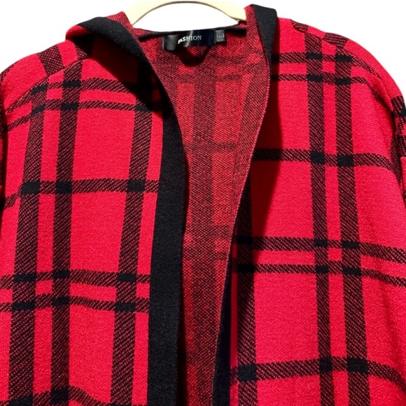 Fashion Open Front Long Red Sweater with Hood Size Large - Picture 2 of 9